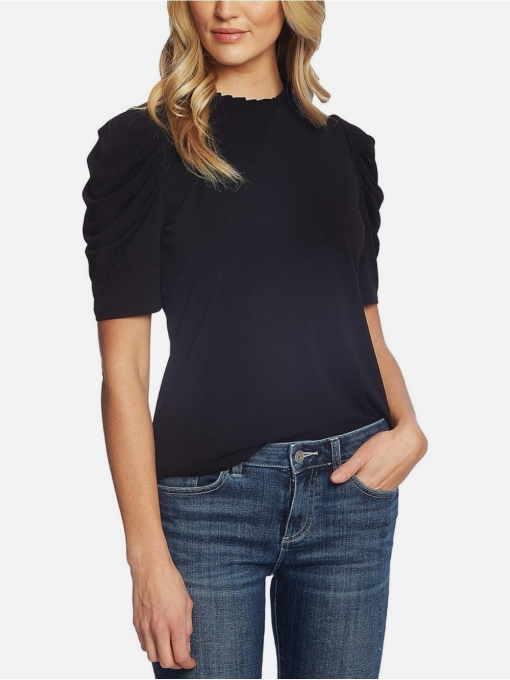 NWT CeCe Ruffle Mock-Neck Short-Sleeve Top Black XXS